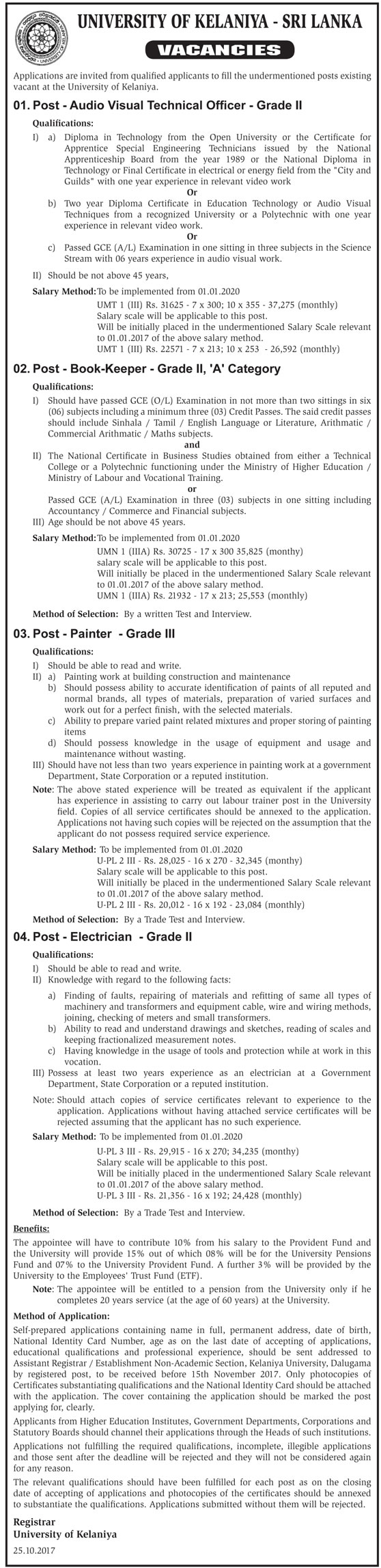 Audio Visual Technical Officer, Book Keeper, Painter, Electrician - University of Kelaniya